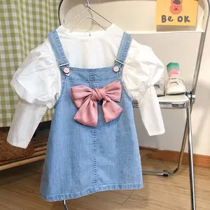 2022 Autumn Toddler Kids Girl Solid Color Puff Long Sleeve T Shirt Denim Suspender Skirt 2PCS Outfit Children Sets Baby Clothes