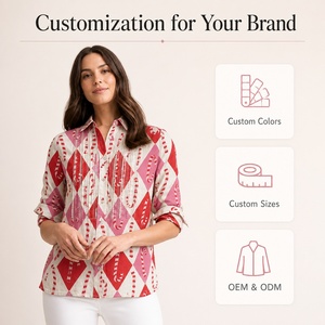 Camisa de Mujer con Estampado Argyle, Botones, 100% Algodón, Manga Tres Cuartos, Corte Regular Informal, Personalización OEM ODM - Product Image 1