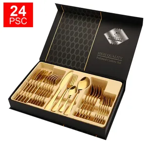 Venda quente faca colher garfo set gold cutlery 24pcs aço inoxidável talheres conjuntos de talheres para casamento