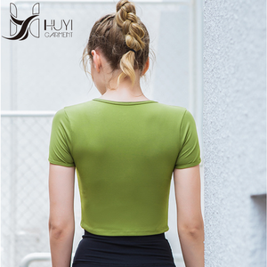 Nuevo estilo de Yoga de manga corta americana <span class=keywords><strong>Europea</strong></span> deportes camisa <span class=keywords><strong>mujer</strong></span>, cuello redondo de corte Slim Fitness camiseta - Product Image 6