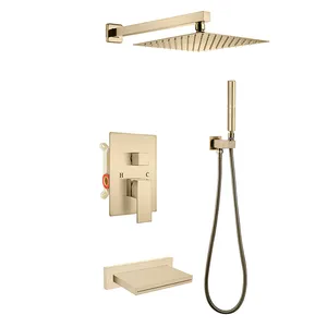 Shower kamar mandi hujan, Shower kontemporer mewah emas disikat di dinding 3 cara sistem Pancuran panas dan dingin
