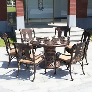 Venta al por mayor, muebles de fundición de aluminio, restaurante vintage, patio al aire libre, mesa de jardín y 4 sillas