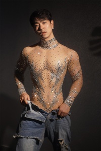 Body da Uomo di Lusso Trasparente con Cristalli e Strass, Tuta Intera Aderente da Palcoscenico e Club - Product Image 3