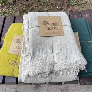 Couverture polyvalente en lin et mousseline de coton fait à la main avec <span class=keywords><strong>bord</strong></span> en <span class=keywords><strong>laine</strong></span> épaisse et lourde - Product Image 1