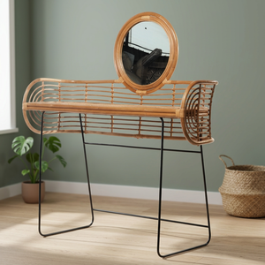 Urang Furniture ACC 053 Modern Wedding Decorative <b>Vanity</b> <b>Mirror</b> with Wood Mixed Steel Rattan Weaving - Product Image 3