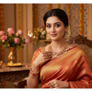 High Quality Jade Lotus Design Flower Shaped 18K <b>Gold</b> Plated Ethnic South Indian Wedding Engagement Party Anniversary Necklace - Product Image 3