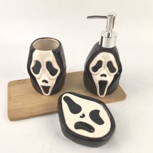 Ensemble de distributeur de savon en céramique à trois pièces sur le thème de la fête d'Halloween, ensemble de salle de bain, masque de mort, flacon pompe pour lotion - Product Image 3