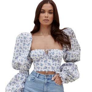 Sweet Blue Print <strong>Long</strong> Puff <strong>Sleeve</strong> Cropped Corset <strong>Top</strong> <strong>square</strong> <strong>Neck</strong> Ruched Drawstring Crop <strong>Top</strong> Woman Blouse - Product Image 1