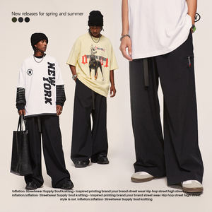 Moda estilo japonés cortavientos tela a cuadros pantalones acampanados piernas anchas cinturón de cintura Casual pantalones holgados pantalones hombres - Product Image 2