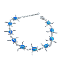 Bracelet Hawaïen en Argent Sterling 925 de la Collection Océan, Incrusté d'Opale, Motif Vie Marine, Fleur de Plumeria Bleue et Tortue
