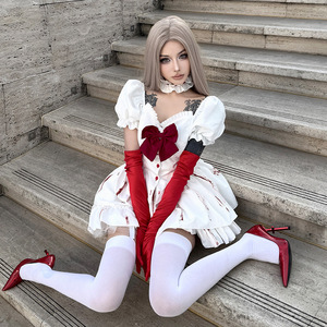 Gothic Bloody <b>Doll</b> Costume Lolita Maid Outfit White With Red Bow Stage Performance Cosplay Costume For Halloween Anime Role <b>Play</b> - Product Image 3