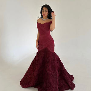 Элегантное вечернее платье-русалка Sharon Said SF169 бордового цвета с открытыми плечами, 3D цветами и плиссировкой для выпускного вечера и торжеств. (Нет в наличии) - Product Image 1