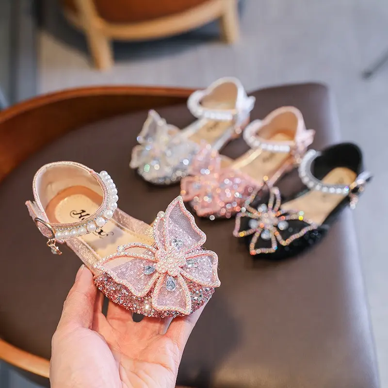 Korean Style Baby Girl Bow Princess Shoes Bling Rhinestone Butterfly Sandals For Girls Sequin Dance Performance Crystal Shoes