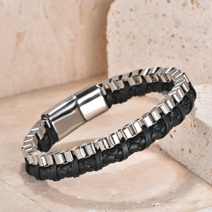 <b>Men's</b> Handcrafted Multi-Layer <b>Bracelet</b> Black Leather Cord and Stainless Steel Chain Weave - Product Image 1