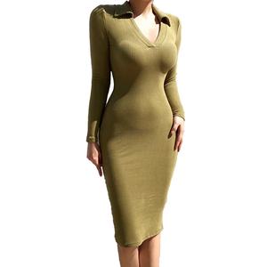 Wholesale Custom Women's Casual Midi <b>Dress</b> Spring Autumn Solid Color POLO Neck Loose Stretch Long Sleeve Hip Knit <b>Dresses</b> - Product Image 5
