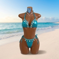 Ensemble de bikini métallisé bleu sarcelle pour festival avec breloque coquillage, dos noué réglable, logo personnalisé OEM, vente en gros, tenue de rave, vêtements de plage