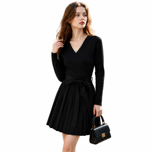 Glamour Slimming Cross Front Long Full Sleeve Stand Neck Midi Knit Frock Matte Black Bright <b>Red</b> Solid <b>Belted</b> Waist Pleated - Product Image 1