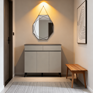 Zapatero Moderno <span class=keywords><strong>de</strong></span> Madera con Cubierta <span class=keywords><strong>de</strong></span> Azulejos <span class=keywords><strong>de</strong></span> Cerámica, Tablero <span class=keywords><strong>de</strong></span> MDF <span class=keywords><strong>de</strong></span> 15 mm, Patas <span class=keywords><strong>de</strong></span> Metal, Color Gris Claro, Bloque <span class=keywords><strong>de</strong></span> Color, 2 Cajones, 3 Puertas <span class=keywords><strong>de</strong></span> Armario - Product Image 2