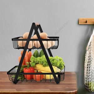 Panier de rangement en fil de fer détachable E104 pour fruits et légumes, avec poignée en bois, type support à 2 niveaux pour comptoir - Vente en gros - Product Image 2