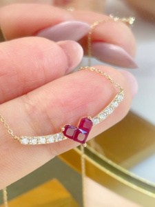 Xinfly 18K Gold Heart Cut <b>Ruby</b> Pendant <b>Necklace</b> Curved Row Diamond Setting Dainty Fine Jewelry Gift for Ladies Anniversary - Product Image 2