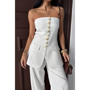 Chaleco Blanco Strablez con Decoración de Botones Dorados, Bordado Vintage, Tela de Lana, Relleno de Algodón, Estilo Casual para Trajes - Product Image 3