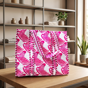 Bolso Tote Acolchado Rosa con Estampado de Cebra, Cierre Abierto, Estilo Bohemio, Bolso de Compras de Algodón para Todas las Temporadas - Product Image 6