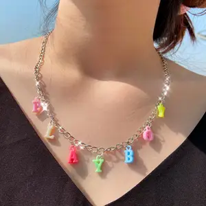 Ins New Trendy Candy Color Acrylic Letter Pendant Necklaces Fashion Creative Long Chain Necklace for Women