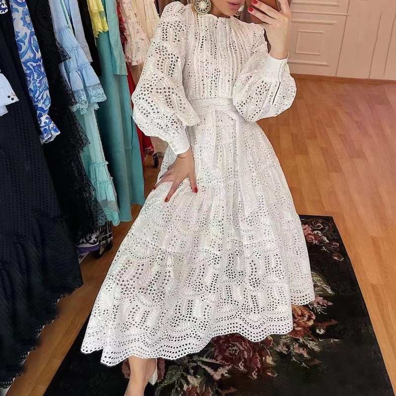 Lente Andere Regionale Kleding Vrouw Jurken Formele 2022 Hollow Out Ronde Hals Lange Mouwen Hot Roze Elegante Partij Maxi Jurk