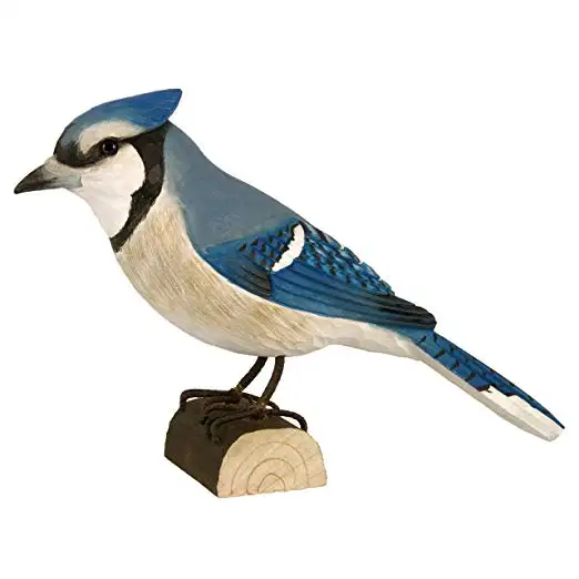 Blue Jay DecoBird、屋内または屋外で使用するための手彫りの木材、芸術的な生命のような置物