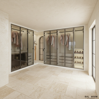 Système de dressing intégré moderne et luxueux avec portes vitrées, finition bois chaud et éclairage LED, sur mesure pour chambre à coucher