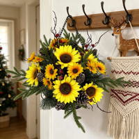 Faux tournesol artificiel et pomme de pin avec panier suspendu en verdure persistante pour porche, patio, extérieur, Noël, Thanksgiving, table, décoration intérieure