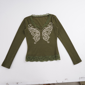 Top de Punto con Estampado de Mariposas y Encaje, Cuello en V, Botones al Frente, Estilo Y2K, Ajustado, Vintage, para Chicas Modernas - Product Image 6