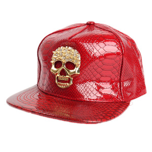 Snapback Cap PU Leather Crocodile Pattern Skull Rhinestone Embellished <b>Flat</b> Brim Hip Hop Baseball <b>Hat</b> For Men - Product Image 5