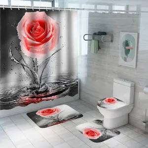 Cortinas de chuveiro para banheiro com estampa digital de flores, tecido impermeável, conjunto de cortinas e tapetes para banheiro