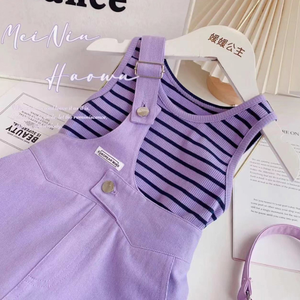 Été 2024 nouvelle fille rayé à manches courtes <span class=keywords><strong>violet</strong></span> salopette <span class=keywords><strong>pantalon</strong></span> de loisirs ensemble deux pièces - Product Image 5