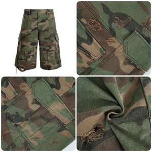 Custom Camouflage Ripped <b>Wide</b>-<b>leg</b> <b>Cargo</b> Shorts Pure Cotton Vintage High Quality Breathable Distressed Hip Hop Style TKAN567 - Product Image 3