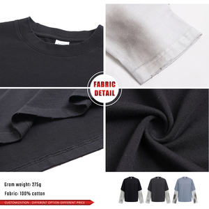 Camiseta de algodón puro de manga larga para hombre, estilo vintage con patrón sólido, lavado enzimático, estilo Wasteland, efecto de dos piezas, lavado Monkey, tejida - Product Image 6