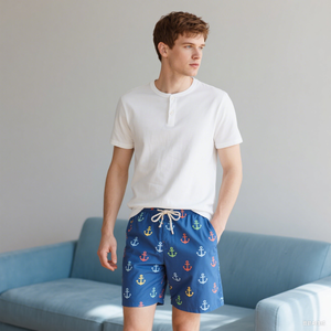 Set <span class=keywords><strong>pigiama</strong></span> da <span class=keywords><strong>uomo</strong></span> in cotone 100% leggero lavorato a maglia camicie stampate a maniche corte e pantaloni traspiranti - Product Image 1