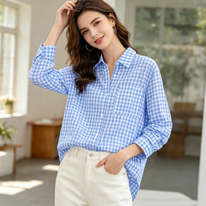 Camisa de Mujer a Cuadros Azul, con Botones, Manga Larga, Corte Holgado Informal, 100% Algodón Popelina, para Primavera/Verano - Product Image 3