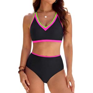 Conjunto de Bikini de Cintura Alta para Mujer, Traje de Baño Deportivo de Dos Piezas con Control de Abdomen, Cuello en V y Ribete en Contraste, Ropa de Playa 2025 - Product Image 1