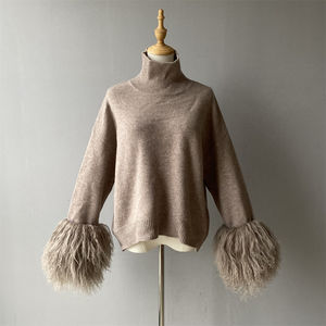 Maglione da Donna Casual Personalizzabile con Collo Alto, Pullover Ampio Autunnale con Polsini Rimovibili in Vera Pelliccia Mongola, 100% <span class=keywords><strong>Lana</strong></span> Lavorata a Maglia - Product Image 6