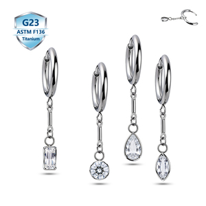 Gioielli per il corpo in titanio ASTM F136, ciondolo a goccia d'acqua con zirconi cubici quadrati e circolari, montatura a griffe, anello per orecchio, labbro, orecchino, piercing. - Product Image 1