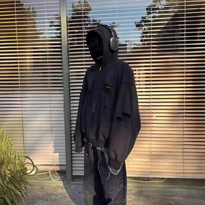 Áo khoác hoodie Hàn Quốc chất liệu cotton 100% màu đen đã qua xử lý, kiểu dáng mùa đông, có lỗ rách, khóa kéo đôi - Product Image 4