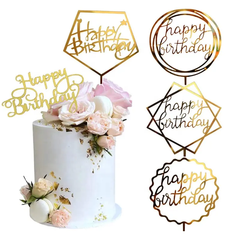 Personalizzato 5 pezzi oro acrilico Caketopper decorazione forniture Laser Cut Happy Birthday Cake Topper