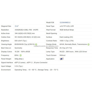 Nouveau panneau LCD industriel FHD original de 15,6 pouces 1920 × 1080 pour poste de travail industriel et système d'infodivertissement pour véhicule G156HAN05.0 - Product Image 3