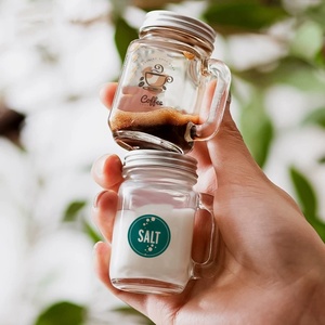 Petits pots Mason en verre transparent de 35 ml et 40 ml avec poignée, mini pots en verre avec couvercle à vis hermétique en métal pour la tequila - Product Image 1