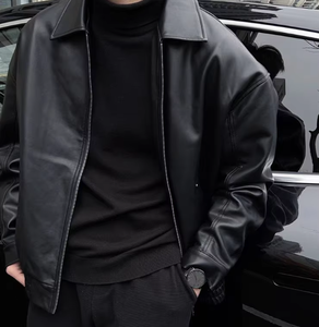 Veste décontractée pour <span class=keywords><strong>homme</strong></span> en cuir PU noir style européen, coupe ajustée, col rabattu, fermeture éclair, <span class=keywords><strong>marque</strong></span> américaine tendance, vêtement <span class=keywords><strong>de</strong></span> travail - Product Image 4
