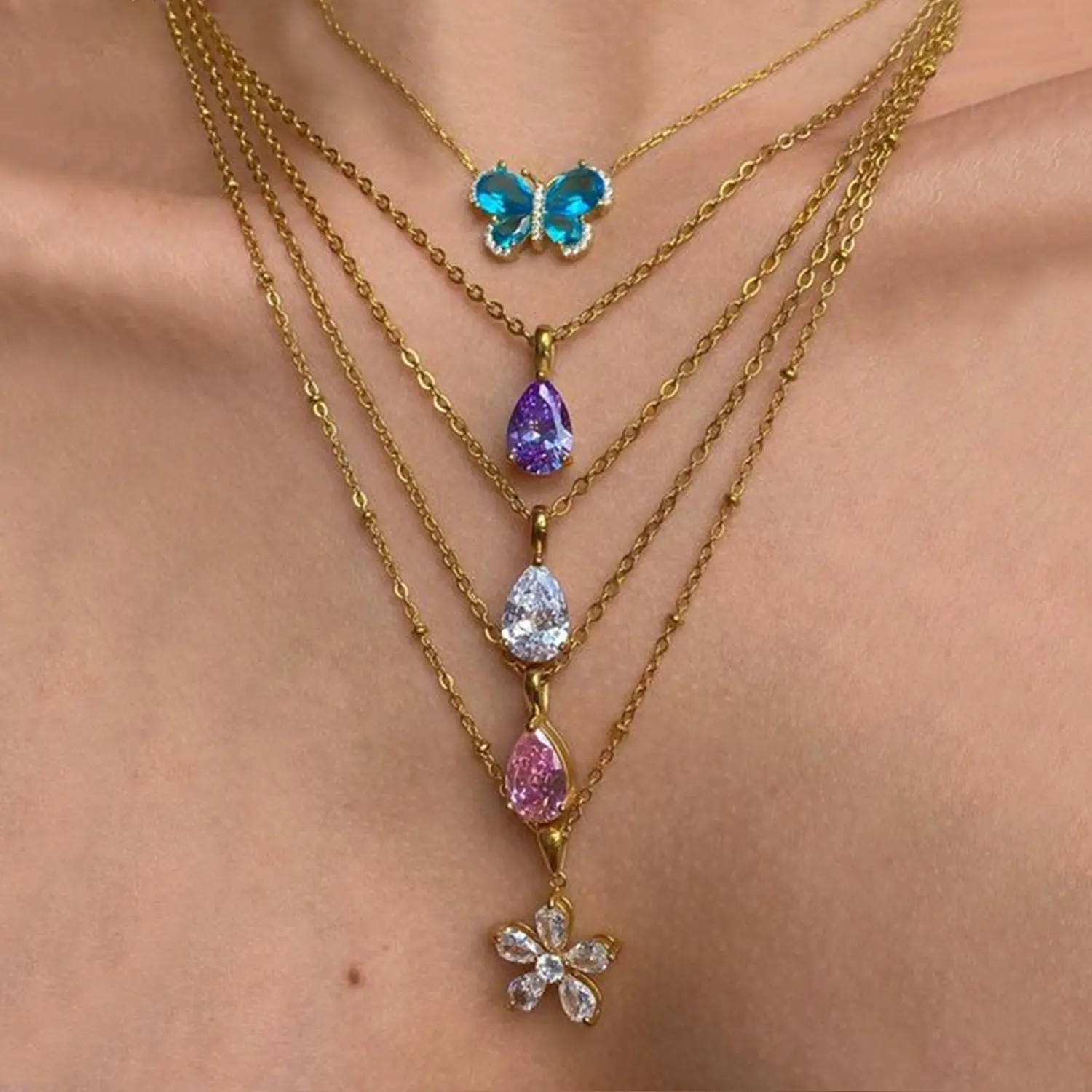 Popular WaterDrop Flower Necklace Stainless Steel Butterfly Birthstone Cubic Zircon Pendant Necklace
