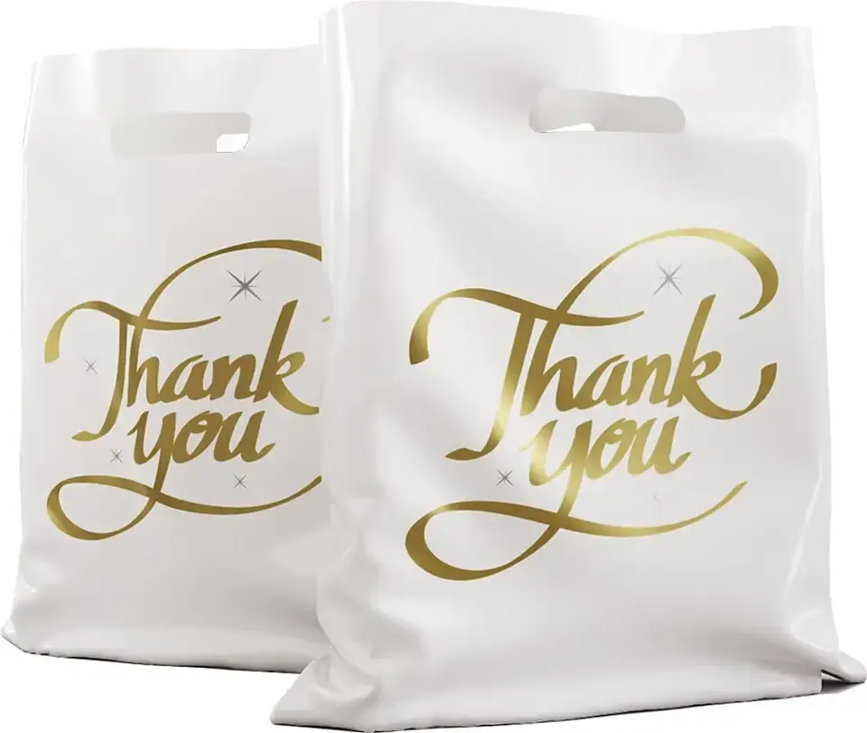 Tas pegangan Die Cut warna-warni Logo kustom tas belanja plastik terima kasih untuk bisnis kecil