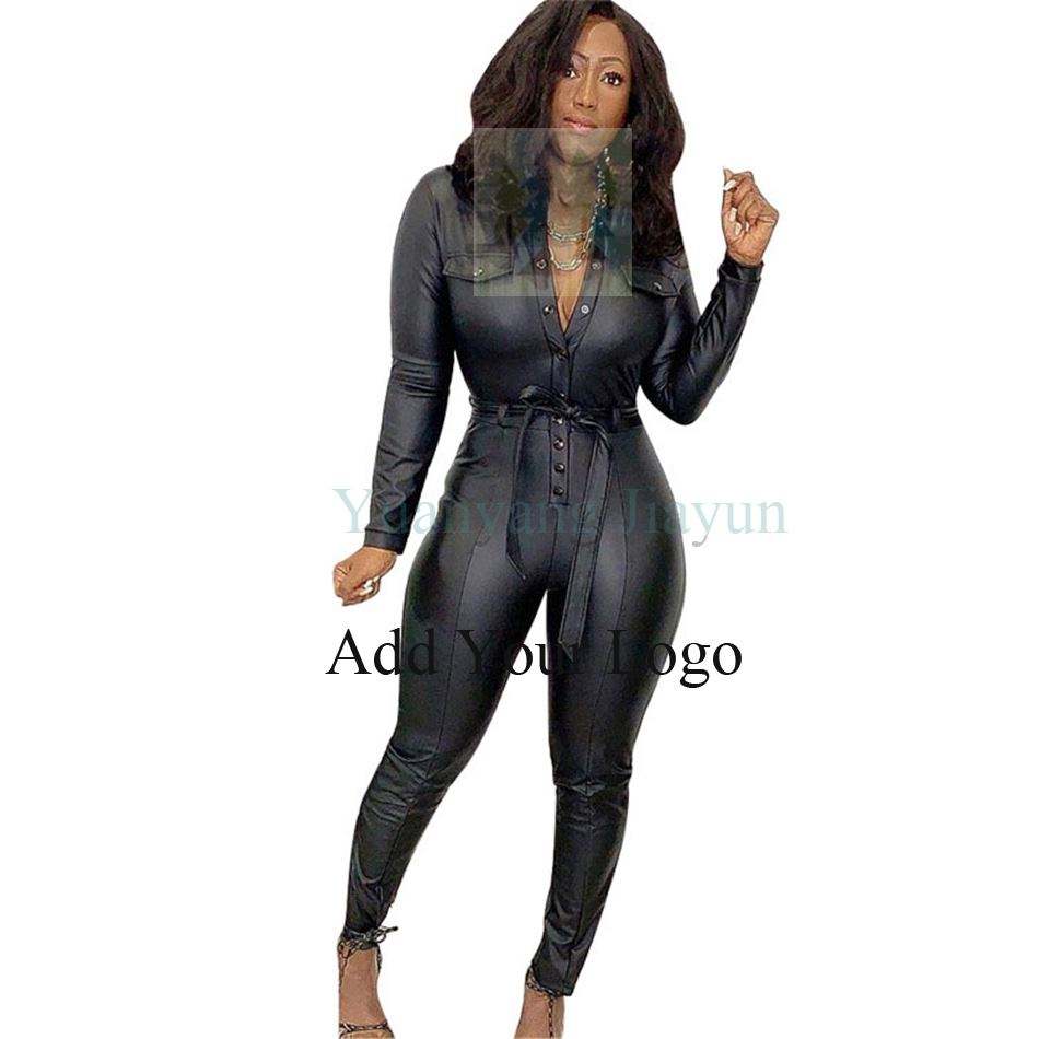 Black Faux Leather Jumpsuit Women Club Wear One Piece Rompers Long